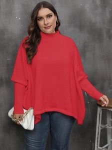 Women's plus size loose red poncho sweater with batwing sleeves and mock turtleneck