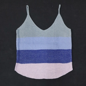 Detail of multi-color striped knitted tank top featuring V-neck and spaghetti straps