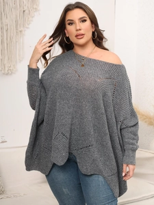 Damen Übergröße Oversized Strickpullover Fledermausärmel Ajouré Boot-Ausschnitt Lockerer Casual Pullover Jumper Top