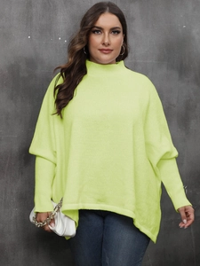 Neon green oversized knit sweater with batwing sleeves and high neck for women