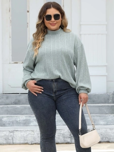 Women's Plus Size Rib-Knit Mock Neck Top Long Lantern Sleeve Solid Color Autumn Winter Casual Pullover T-Shirt
