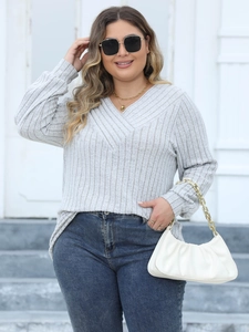 Women's V-neck ribbed knit sweater in light grey, casual loose long sleeve top