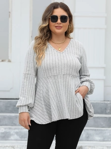 Women's Plus Size V Neck Ribbed Peplum Top Lantern Sleeve Solid Color Brushed Casual T-Shirt Blouse Office Daily Streetwear