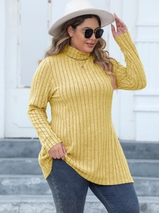 Women's mustard yellow ribbed knit turtleneck slim fit long sleeve tunic top shirt