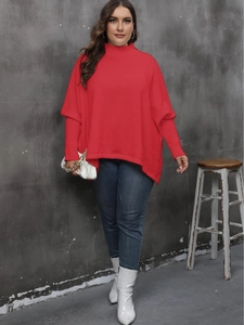 Women oversized red batwing sleeve sweater with mock neck and side slits for a loose fit