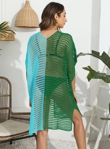Detail of color-block crochet beach cover-up with hollow weave and side slit design
