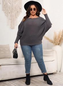 Detail of grey batwing sleeve knit sweater with textured horizontal ribbing texture