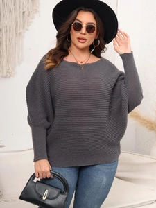 Detail of grey batwing sleeve sweater with textured knit fabric and off-shoulder neckline