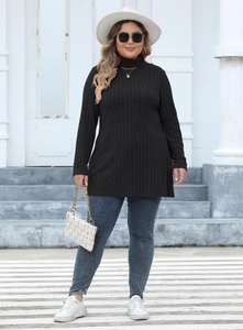 Plus-size black high neck long sleeve knit top with ribbed texture and side slit detail