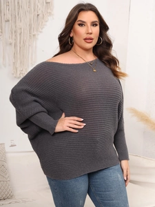 Detail of dark grey knit texture on off-shoulder batwing sleeve sweater for women