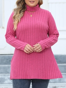Detail view of the vertical ribbed texture on a pink high-neck long sleeve plus size top
