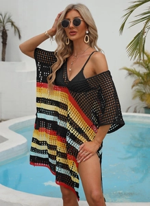 Cache-maillot de plage en crochet à rayures colorées avec col en V et maille ajourée