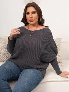 Women's dark grey off-shoulder oversized sweater with batwing sleeves and loose knit