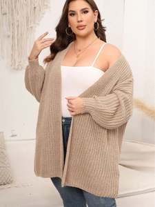 Women's chunky knit khaki cardigan sweater in loose fit for autumn and winter daily wear
