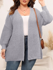 Women's casual grey chunky knit cardigan with long sleeves and loose fit design