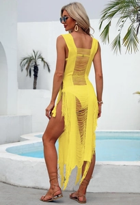 Detailed back view of a yellow crochet beach cover-up with hollow-out knit and fringe details