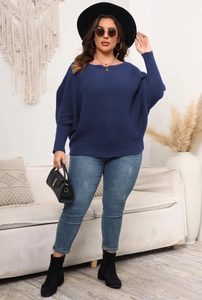 Detail view of navy blue plus size knit sweater with vertical texture and drop shoulders