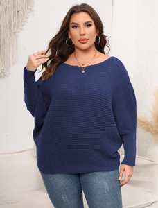 Detail of navy blue plus size sweater with horizontal ribbed knit and batwing sleeves
