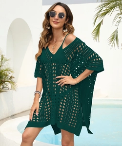 Detailed knit pattern of deep green V-neck hollow out beach cover-up dress for women