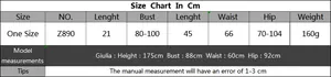 Detailed size chart for women's two-piece beach cover-up set with body measurements
