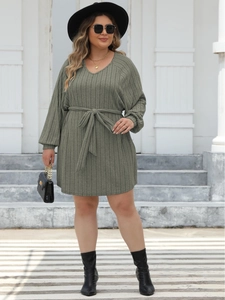 Women's plus size olive green ribbed knit dress with V-neck and waist tie design