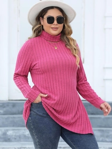 Women's plus size rose red high neck knit long sleeve top with stylish side slit