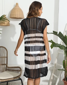 Detail of crochet knit striped cover-up showing hollow out mesh texture and back view