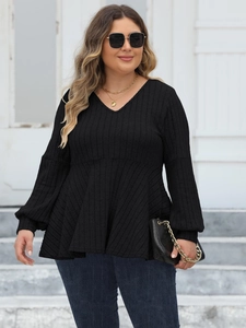 Women's plus size black V-neck ribbed knit tunic top with lantern sleeves and casual style