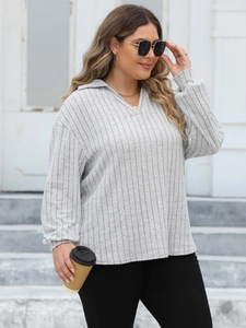 Women's light grey ribbed knit long sleeve polo shirt top in a casual loose fit style