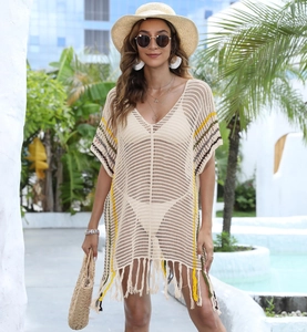 Robe de plage au crochet pour femme avec franges et rayures de couleur beige