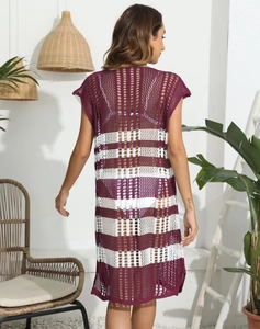 Detail showing knit hollow texture of burgundy striped long beach bikini cover-up cardigan