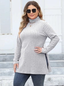 Women Plus Size Turtleneck Long Sleeve T-Shirt Ribbed Knit Split Hem Slim Fit Longline Tunic Top For Spring Autumn Casual Wear