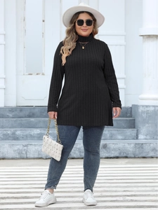 Women's slim fit black turtleneck ribbed knit long top with side split hem design
