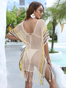 Robe de plage au crochet pour femme avec rayures verticales et longues franges