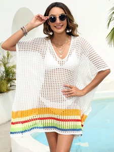 White crochet beach cover-up with rainbow stripe hem and deep V-neckline for women