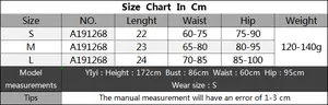 Detailed size guide table for crochet beach shorts showing waist and hip measurements