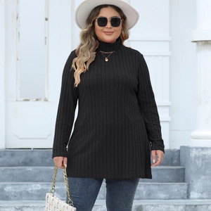 Women's plus size black high neck long sleeve knit top with split hem and ribbed texture