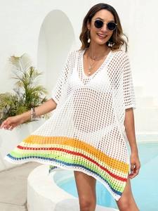 Detail view of the colorful rainbow crochet hem on this white V-neck beach cover-up