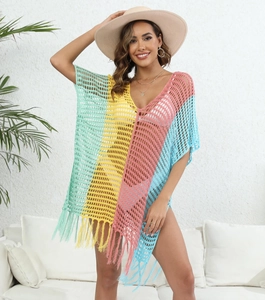 Close-up of crochet color block beach cover-up with v-neck and long fringe tassels