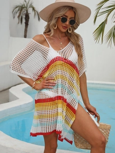 Cache-maillot de Plage en Crochet pour Femmes Rayures Col en V Fente Laçage Vacances d'Été Robe Bikini Bohème