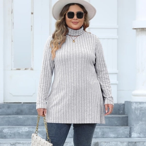 Women's plus size grey ribbed turtleneck longline top with slim fit and side slits