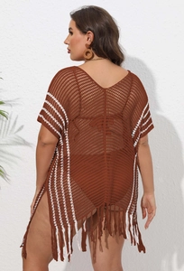 Close-up of brown striped crochet beach cover-up with V-neck back and long tassels
