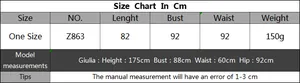 Size chart for women's beach cover-up dress showing length, bust, waist, and model measurements