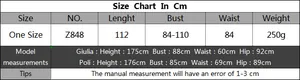 Size chart showing one-size woven beach cover-up dress dimensions and model measurements