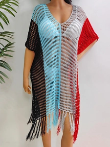 Women's V-neck crochet beach cover-up dress with color-block knit patterns and tassel hem