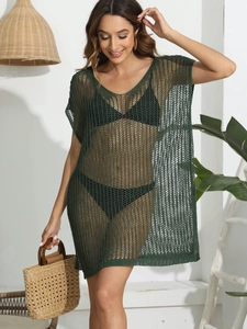 Olive green crochet hollow-out beach cover-up dress with V-neckline and mesh texture