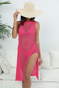 Detailed knit texture of pink crochet beach cover-up with stylish side slit