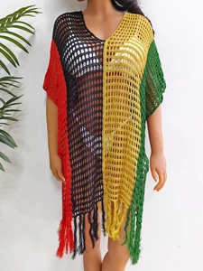Women's V-neck crochet beach cover-up with colorful patchwork and fringe hem