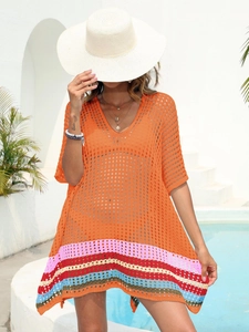 Women's orange crochet beach cover-up with V-neck and multicolor striped hollow hemline