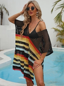 Cache-maillot de bain au crochet pour femme avec col en V et motif ajouré à rayures colorées